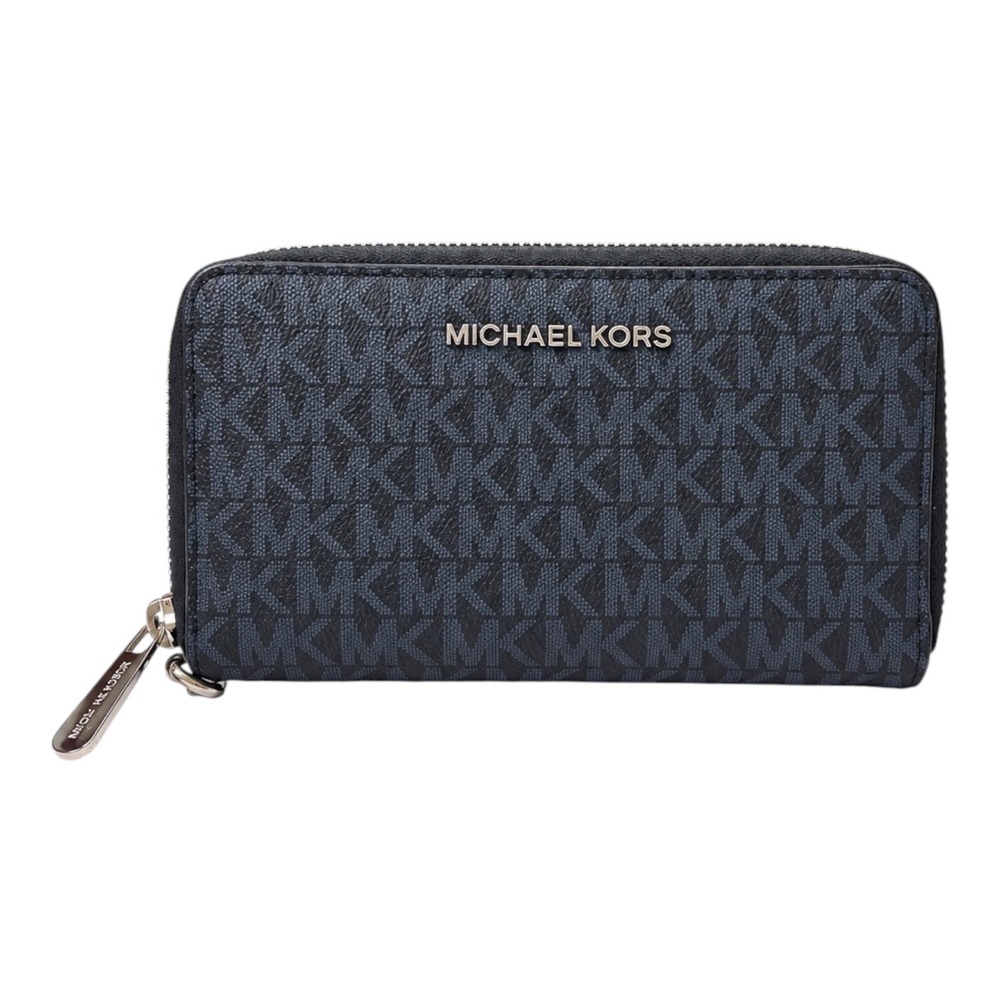 Michael Kors Jet Set Zip Around Continental Wallet Navy Blue MK Monogram Logo